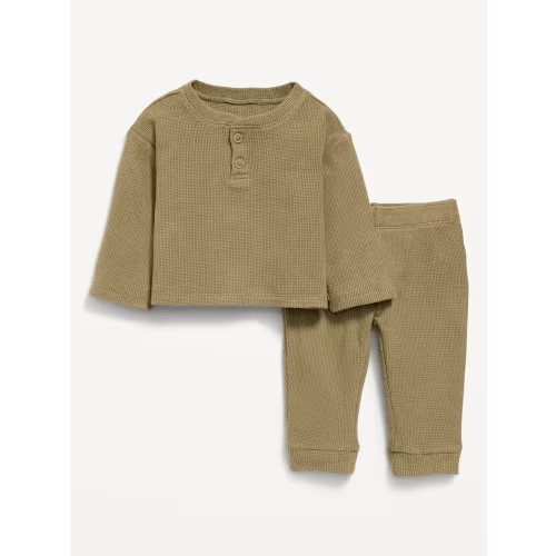 Long-Sleeve Waffle-Knit Henley Top and Pants Set for Baby