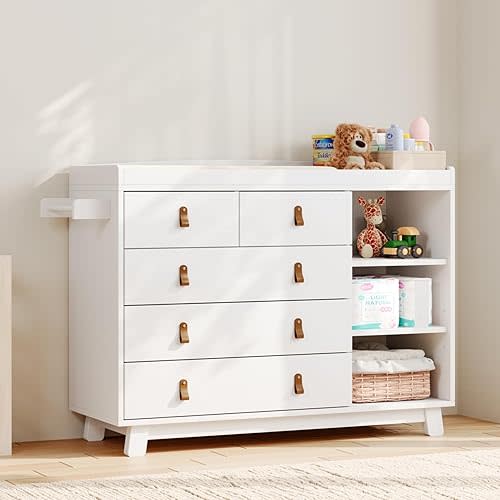 Baby Dresser with Changing Table Top, Baby Changing Table Dresser with 5 Drawers and Adjustable Shelves, Multi-Functional Diaper Changing Station, Nursery Organizer for Kids Bedroom, White