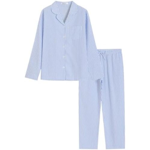 Latuza Women's Cotton Long Sleeve Pajama Set Seersucker Button Down Pj Set