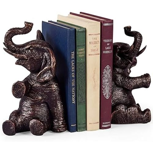 Elephant Bookends with Non-Slip Padding - Heavy Duty Book Ends for Shelves - Gold Decorative Bookend Unique - Vintage Animal Holders for Heavy Books - Living Room Bookshelf Decor - 4 x 4 x 7 Inches