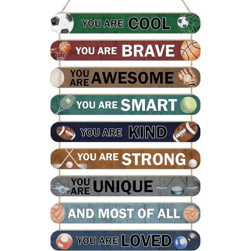 MONALET Sports Balls Inspirational Wall Decor for Boys Kids Room Classroom Playroom Nursery, You Are Loved Hanging Wooden Signs Decorations, Soccer Basketball Football Wall Art Wood Plaque 9Pcs 12x19