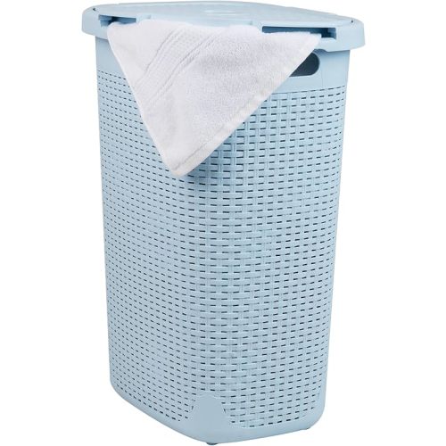 Mind Reader Slim Laundry Hamper with Lid, 60L Clothes Basket, Premium Wicker Design, Plastic, Baby Blue