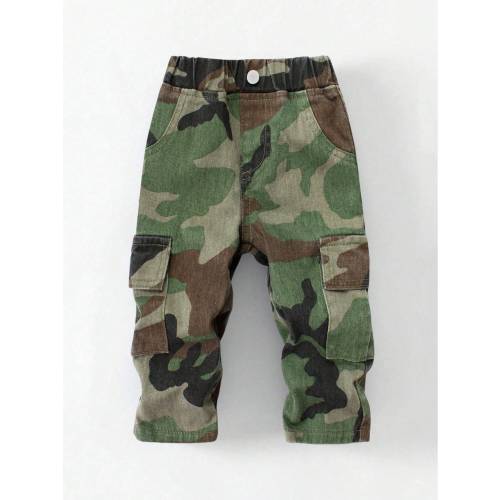 Denimly Infant Boys' Casual Daily Urban Street Elastic Waist Multi-Pocket Simple Comfortable Washed Denim Camouflage Cargo Pants Summer Olive Green