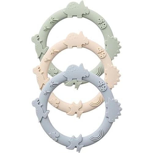 Silicone Teethers for Babies 0-6 6-12 Months Teething Toys for Infants Baby Chew Toys for Sucking Needs Baby Teething Rings for Infant Boys and Girls 3 Pack-Dinosaur-Blue