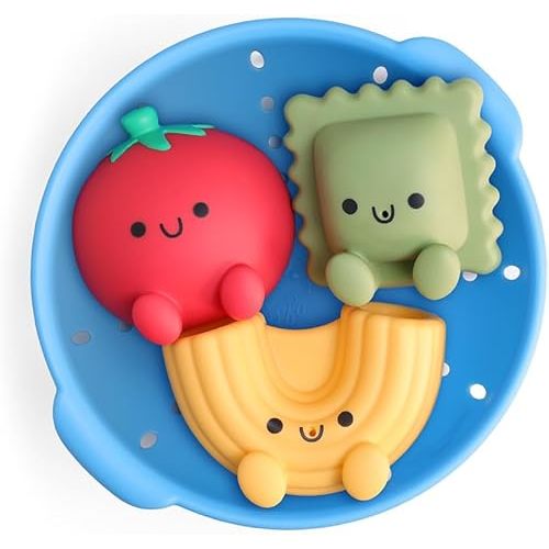 Itzy Ritzy Bath Squirter Toys – Set of 3 Textured, Pasta-Shaped Bath Toys & 1 Sprinkle Strainer – Itzy Splash Pals Promote Sensory Play, Cause & Effect, & Motor Skill Development – 6 Mos & Up (Pasta)