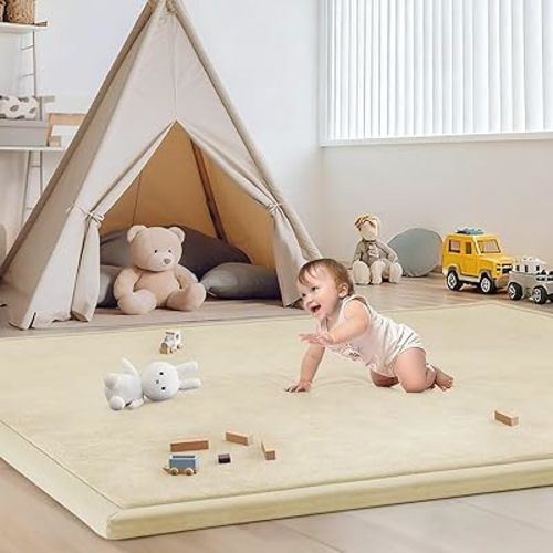 ILPEOD Baby Play Mat for Floor Tummy Time Mat Nursery Rug Muscle Mat Area Rug Playroom Rug Tatami Mat 9'2"x6'7" Memory Foam 1.3" Thick Crawling Mat for Babies,Toddlers (Light Beige)