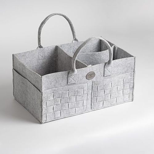 Baby Diaper Caddy Organizer for Nursery – Large Felt Storage Basket for Baby Essentials, Wipes & Diapers – Portable Nursery Organizer Bin for Changing Table or Living Room Light Grey