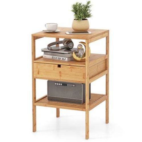 Tangkula Bamboo Nightstand w/ Pull-out Drawer & Storage Shelf Wood Natural
