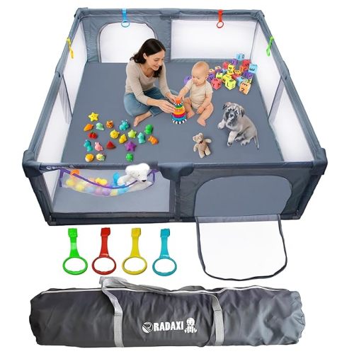 Baby Playpen with Mat 71x59 Inch Large Playpen for Babies and Toddlers Playard with Zipper Gate Safety Fence Play Pen with Soft Breathable Mesh Indoor & Outdoor Kids Activity with Playmat Dark Gray