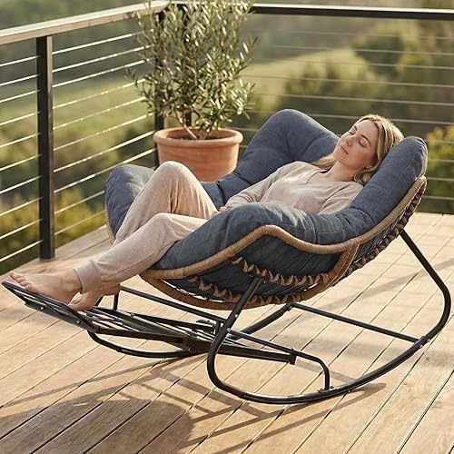 SWITTE Outdoor Rocking Chair with Footrest, Oversized Patio Papasan Rocker, Comfy Wicker Reading Lounge, Indoor Bed-Like Egg Chair for Bedroom,Balcony, Porch, Garden, Heather Gray