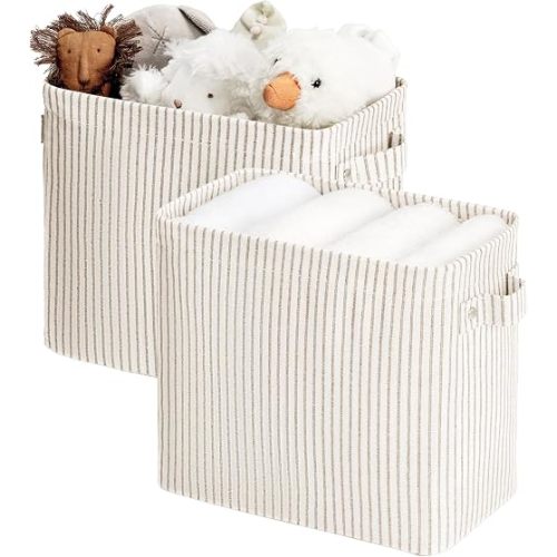 StorageWorks Narrow Storage Bins, Small Basket for Closet and Shelves, Rectangular Fabric Organizer with Handles, Toilet Paper Storage, Khaki and Beige Stripes, 2-Pack