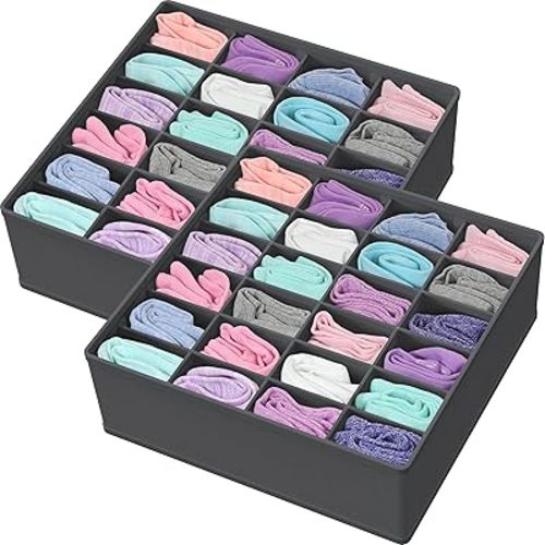 Simple Houseware 2 Pack Closet Sock Organizer, 24 Cell Drawer Divider, Dark Gray