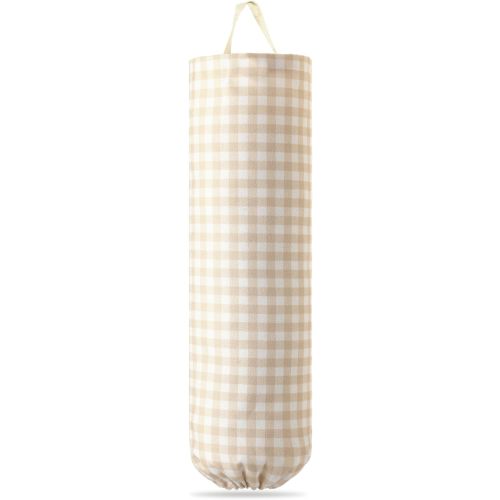 Gingham Plastic Bag Holder, Wall Mount Grocery Bag Storage Organizer, Hanging Buffalo Check Plaid Trash Bags Dispenser for Farmhouse Home Kitchen Pantry Laundry Room Decor(Milkshake Tan)