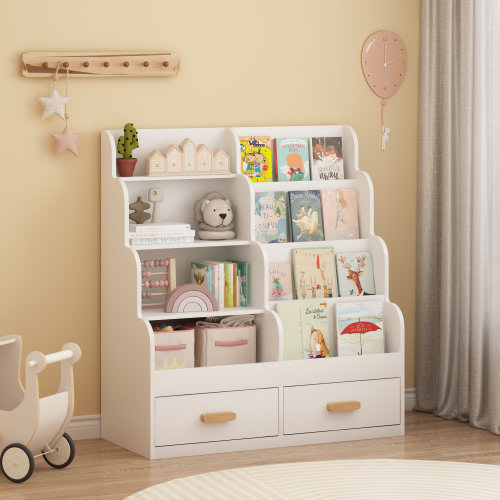 Latitude Run® Kids Bookshelf With 2 Storage Drawers, Front-Facing Children's Bookcase And Toy Organizer, Multi-Tier Reading Shelf For Toddlers, Playroom, Bedroom, Or Nursery - White | Wayfair