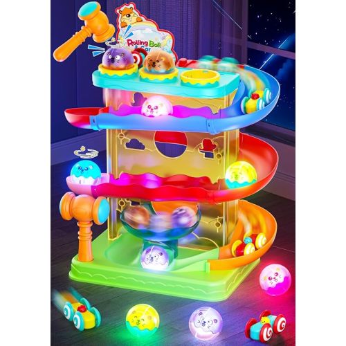 2-in-1 Rolling Ball & Car Ramp Race Track for Toddlers, Hammer Ball Drop Toy for Boys & Girls, Interactive Playset w/Sensor Lights - Montessori STEM Learning Toys for Kids 1-5+ Year Old