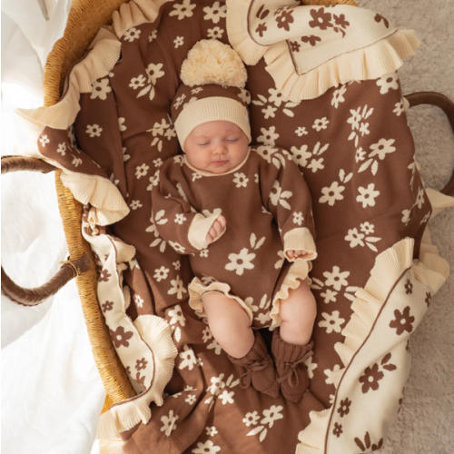 Frill Knit Blanket | Daisy Floral Chocolate