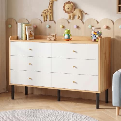 LYNSOM Dresser for Bedroom, 6 Drawer Natural Wood Dresser with Wide Drawer and Metal Handles, Modern Dressers & Chests of Drawers for Hallway Entryway
