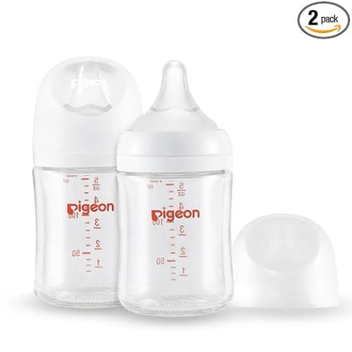 Pigeon Glass Nursing Bottle Wide Neck, Anti-Colic, Streamlined Body, Natural Feel, Easy to Clean, Heat-Resistant, 5.4 Oz(Pack of 2), Includes 2pcs SS Nipples (0m+)