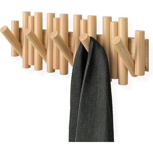 Umbra Picket Coat Rack Wall Mount – 5 Flip-Down Wood Coat Hooks, Modern & Functional Storage, Easy Install Wall Hooks, Natural