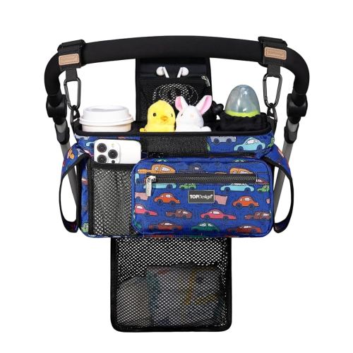 TOPDesign Organizador universal para cochecito de bebé, carrito de cochecito con bolsa de malla desmontable y portavasos aislados elevados y accesorios de ganchos seguros antideslizantes, se adapta a