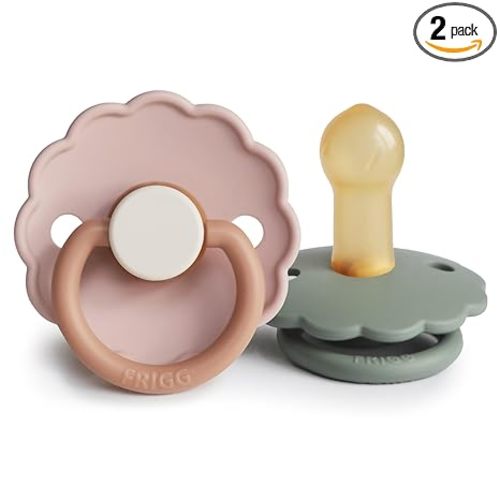 FRIGG Daisy Natural Rubber Baby Pacifier | Made in Denmark | BPA-Free (Biscuit/Lily Pad, 6-18 Months) 2-Pack