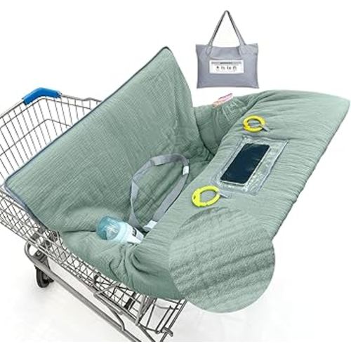 Muslin Shopping Cart Cover for Baby Soft & Breathable High Chair Covers for Restaurant Seat Grocery Cart Cover with Storage Pocket Machine Washable for Infant Toddler Boy and Girl, Green