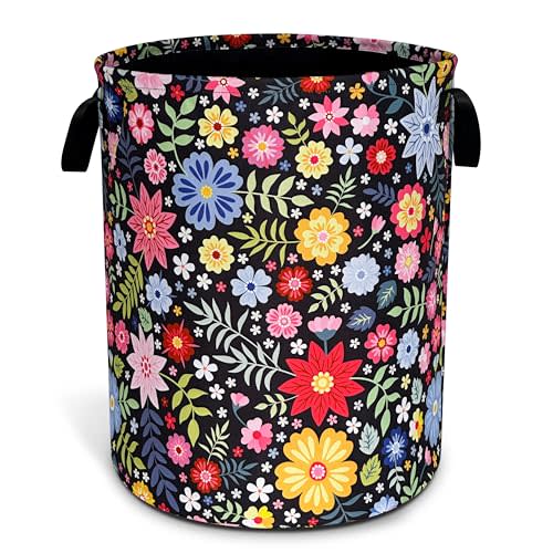 Colorful Folk Flowers Laundry Basket Oxford Cloth Floral Laundry Hamper With Handle Foldable Portable Clothes Storage Basket 18.9 X 16.5 In Storage Bag For Laundry Room/Bathroom/Bedroom/Dormitories