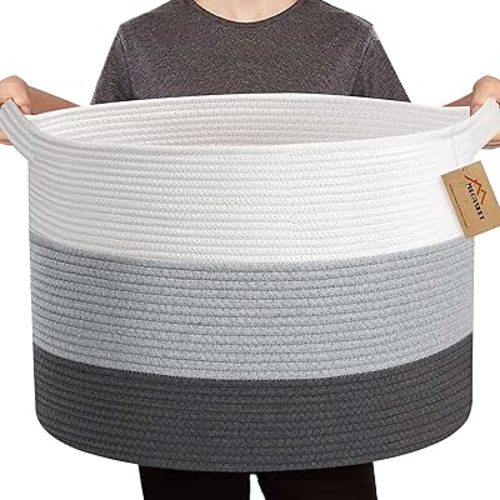 Extra Large Cotton Rope Basket, 22” X 22” X 14” Blanket Storage for Living Room, Soft Kids Dog Toy Bin Box, Woven Round Baskets for Organizing, Big XXL Blanket Pillow Holder Organizer