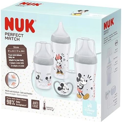 NUK Perfect Match Baby Bottles Set | 0-6+ Months | Adapts to Baby's Palate | 3 x Anti Colic Baby Bottles & Space Soother | BPA-Free | Disney Mickey Mouse | 4 Count