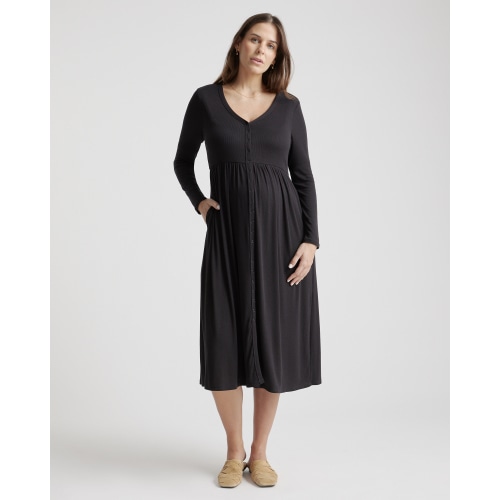 Tencel Rib Maternity & Nursing Button Front Dress in Black
