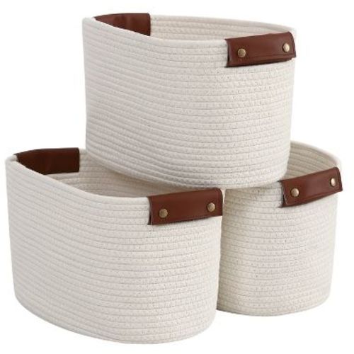 Ornavo Home 3 Pack Cotton Rope Shelf Storage Basket with Faux Leather Handles - Cream