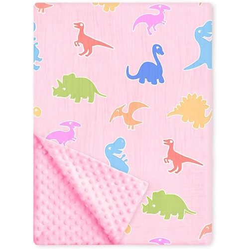 Dinosaur Baby Blankets for Girls, Soft Nursery Minky Blanket with Muslin Front and Dotted Fleece Back for Newborn Warm Pink Cute Blankets for Infant Toddlers 30 x 40in
