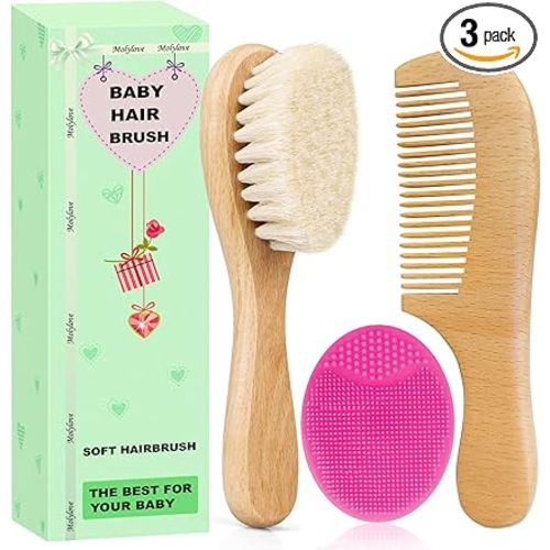 Baby Hair Brush with Wooden Handle and Comb Set for Newborns & Toddlers | Natural Soft Goat Bristles l Wood Comb l Rose Red Cradle Cap Brush | Ideal for Cradle Cap (3 Piece)