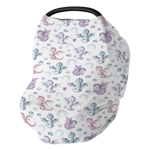 Fairytale Dragon Love Stars Car Seat Cover for Babies Baby Dragons Purple Stretchy 5-in-1 Cover Adjustable Car Canopy Cover Fantasy Animal Breathable Nursing Cover-Up