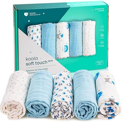 Koala Babycare 5 Pack 20"x10" Organic Burp Cloths for Baby Boys and Girls - GOTS & OEKO-TEX Cotton Burp Rags for Newborns - Absorbent Neutral Burping Cloths for Feeding - Washable Baby Bibs Essentials