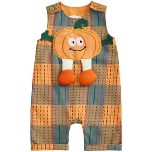 Baby Boy Halloween Outfits Newborn Pumpkin Overalls Plaid Romper Sleeveless Jumpsuit Infant Halloween Clothes