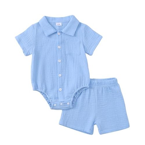 Jecson Newborn Boy Clothes Baby Boy Outfits Summer Cotton 2 Piece Set with Button Down Bodysuit and Shorts 0-18M