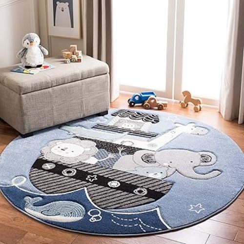 SAFAVIEH Carousel Kids Collection Area Rug - 5'3" Round, Blue & Grey, Animal Design, Non-Shedding & Easy Care, Ideal for High Traffic Areas for Boys & Girls in Playroom, Nursery, Bedroom (CRK121B)