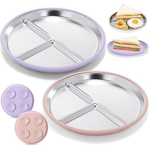 Nuogo 2 Pcs Stainless Steel Baby Suction Plate 9” Divided Toddler Plates with Removable Silicone Sleeves 2-in-1 Kids Bowl for Baby-led Weaning Feeding Supplies, Dishwasher Safe (Pink,Purple)