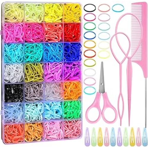 28 Colors Rubber Bands for Hair, 1500 Pcs Elastic Hair Bands Baby Girl Hair Ties Mini Hair Rubber Bands with 4 Hair Styling Tools 10 Hair Clips Hair Accessories for Toddler Baby Girl Kids
