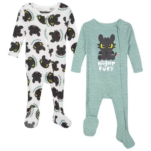 DreamWorks How to Train Your Dragon Toothless Newborn Baby Boys 2 Pack Ribbed Sleep N' Plays 2-Way Zip Cream / Sage Green 0-3 Months