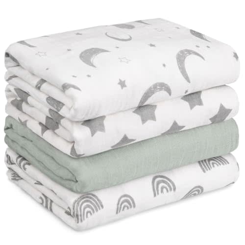 GLLQUEN BABY Muslin Swaddle Blankets 4Pk Receiving Blanket Large 35" x 40" | Soft Cotton Baby Blankets for Girls Boys Breathable Nursery Swaddles for Newborns, Baby Essentials Shower Gift, Star