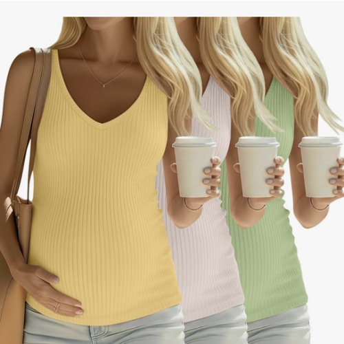 3 Pack Women's Maternity Tank Tops 92% Cotton Ribbed Knit Summer Pregnancy Shirts Sleeveless V Neck Basic Clothes