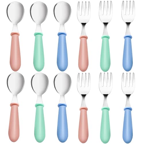 xlehoely 12 Pieces Toddler Utensils,Stainless Steel Baby Forks and Spoons Silverware Set,Kids Silverware Set Children's Cutlery Set with Round Handle,Toddler Flatware Fork Spoon Set,Dishwasher Safe