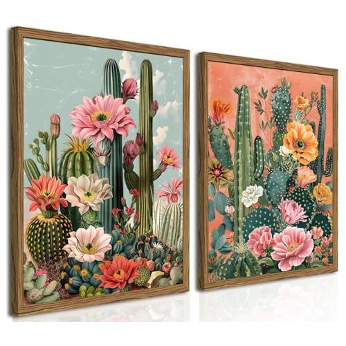 Framed Mexican Cactus Canvas Wall Art Set of 2, Vintage Desert Floral Wall Decor Paintings, Southwestern Boho Botanical Pictures Prints Aesthetic Home Decor for Living Room Bedroom Bathroom 12x16 inch
