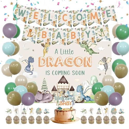 Dragon Baby Shower Decorations – 35-Piece “A Little Dragon Is On the Way” Party Kit with Welcome Banner, Cake & Cupcake Toppers, Latex Balloons & 5×3 ft Backdrop for Boy or Girl