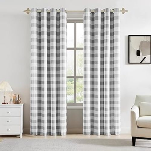 Buffalo Checkered 90% Blackout Curtains for Bedroom Living Room Plaid Gingham Thermal Grommet Top Drapes, Farmhouse Country Style Energy Efficient Room Darkening 2 Panels 52x84 Inch,Grey/White