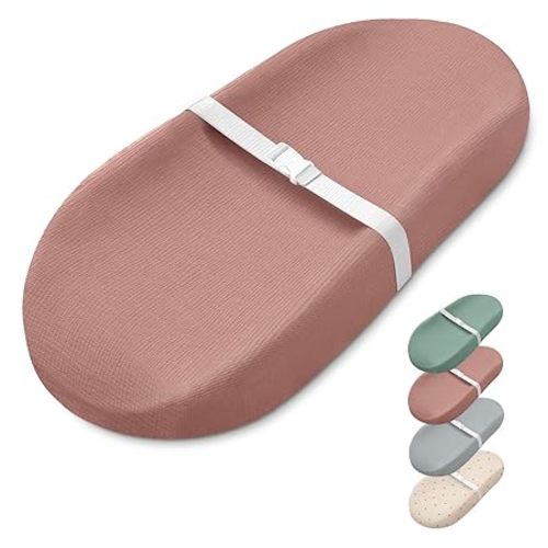 Blissful Diary Muslin Baby Changing Pad with Waterproof Lining Foam, Diaper Changing Table Pad with Cover for Dressers (Dusty Pink, Avocado)