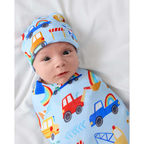 Rainbow Trucks Swaddle & Beanie Set | Little Sleepies