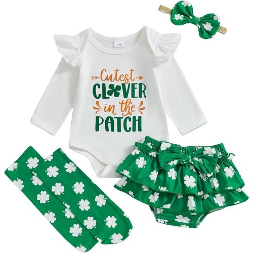 BeQeuewll Newborn Baby Girl Easter Outfit Bunny Clothes Romper+Bloomers Tutu Skirt+Socks+Headband Set First Easter Outfit